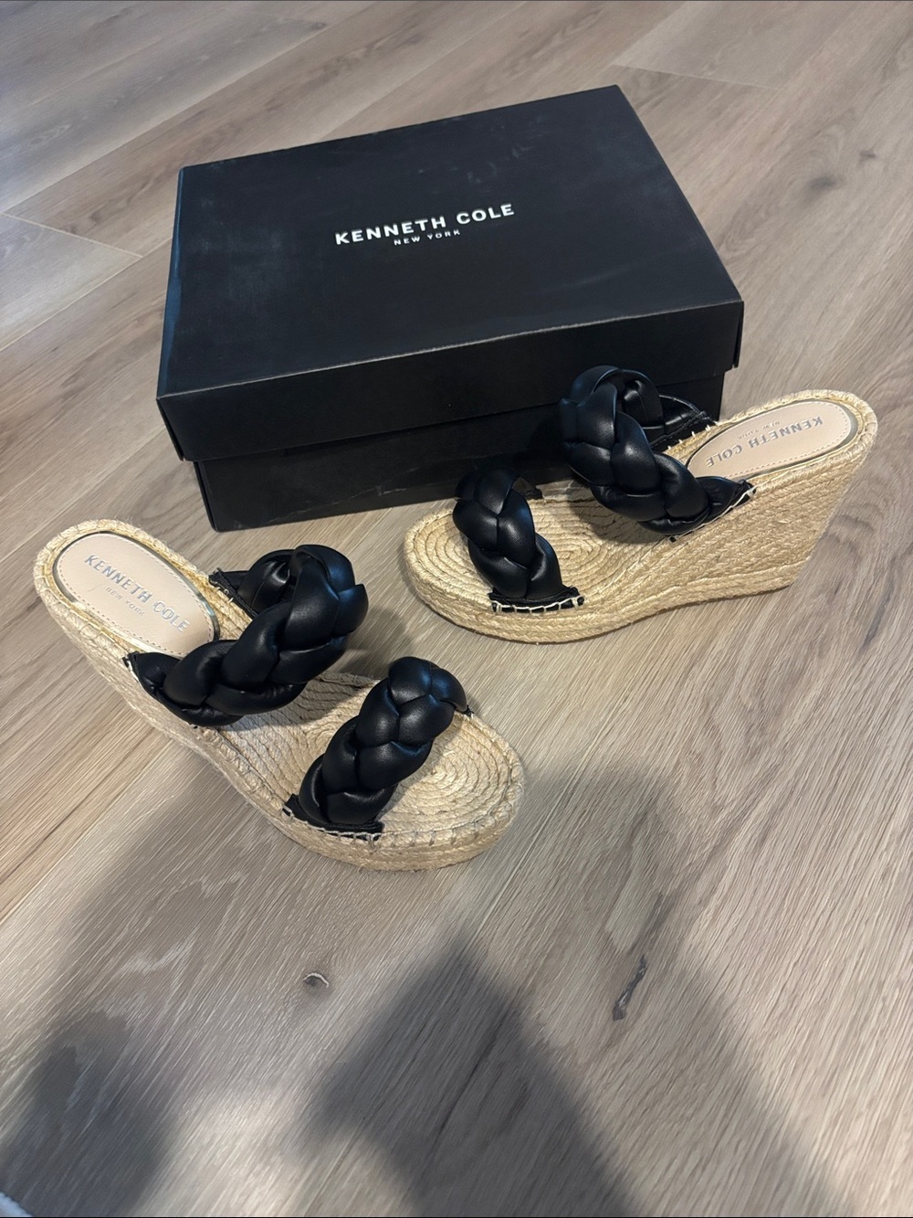 Kenneth Cole Black Braided Espadrille Wedge Sandals MSRP $125